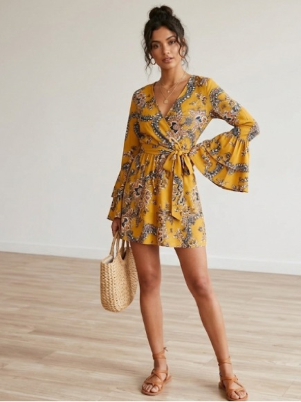 Boohoo Mustard Yellow Floral Wrap Romper